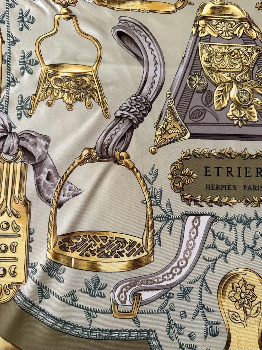 Hermes Etriers Silk Scarf with Gold Equestrian Hardware Print in Olive and Cream - Picture 15 of 16